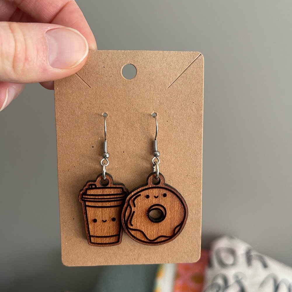 Coffee and Donut Wooden Earrings